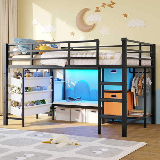DICTAC | Twin Low Loft Bed for Kids with Storage, Reading Corner, LED Lights & Safety Guardrail, Metal Bed with Drawers & Bins (Black&White&Pink）)