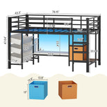 DICTAC | Twin Low Loft Bed for Kids with Storage, Reading Corner, LED Lights & Safety Guardrail, Metal Bed with Drawers & Bins (Black&White&Pink)