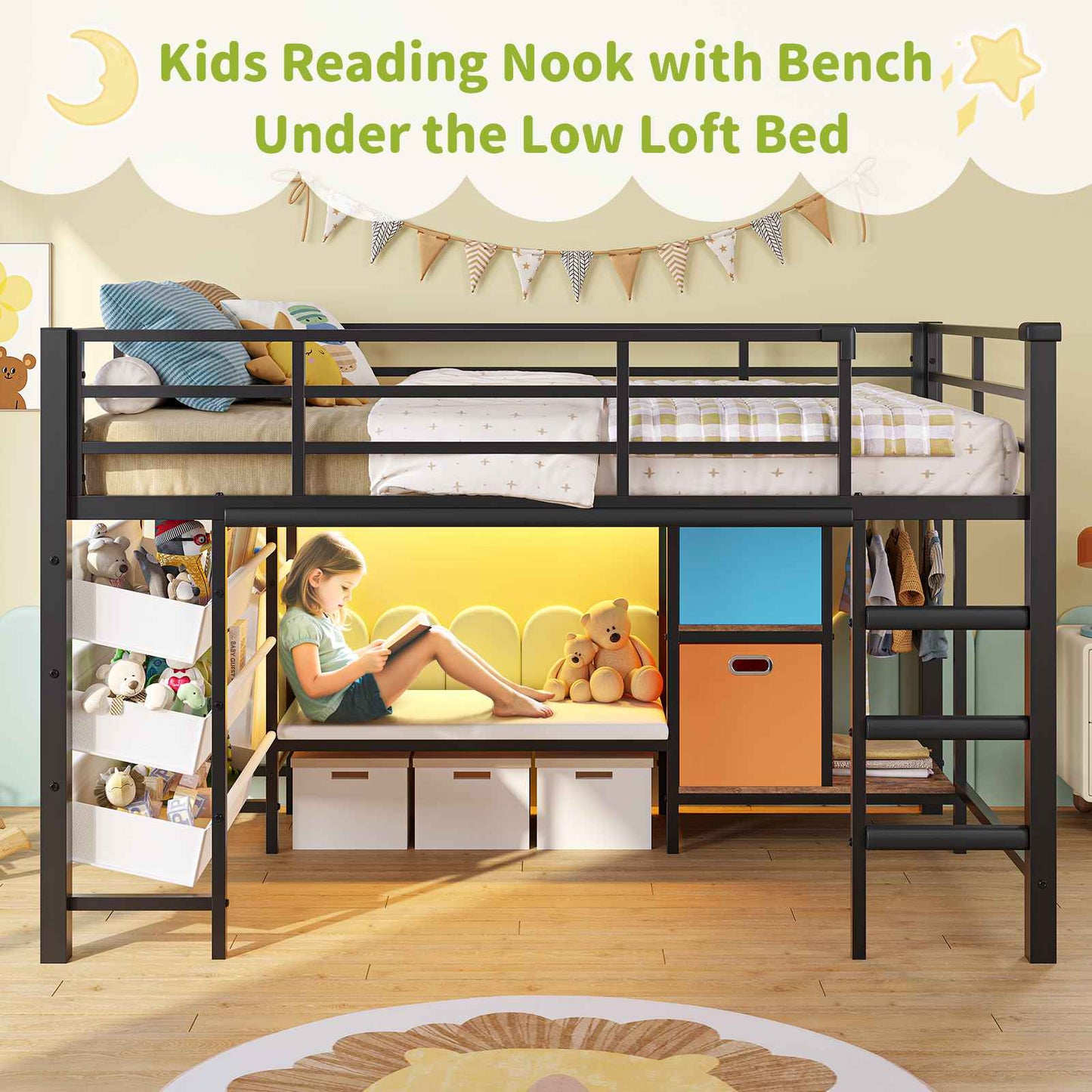DICTAC | Twin Low Loft Bed for Kids with Storage, Reading Corner, LED Lights & Safety Guardrail, Metal Bed with Drawers & Bins (Black&White&Pink）)