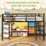 DICTAC | Twin Low Loft Bed for Kids with Storage, Reading Corner, LED Lights & Safety Guardrail, Metal Bed with Drawers & Bins (Black&White&Pink)