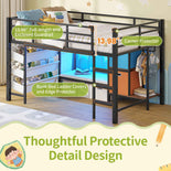 DICTAC | Twin Low Loft Bed for Kids with Storage, Reading Corner, LED Lights & Safety Guardrail, Metal Bed with Drawers & Bins (Black&White&Pink)
