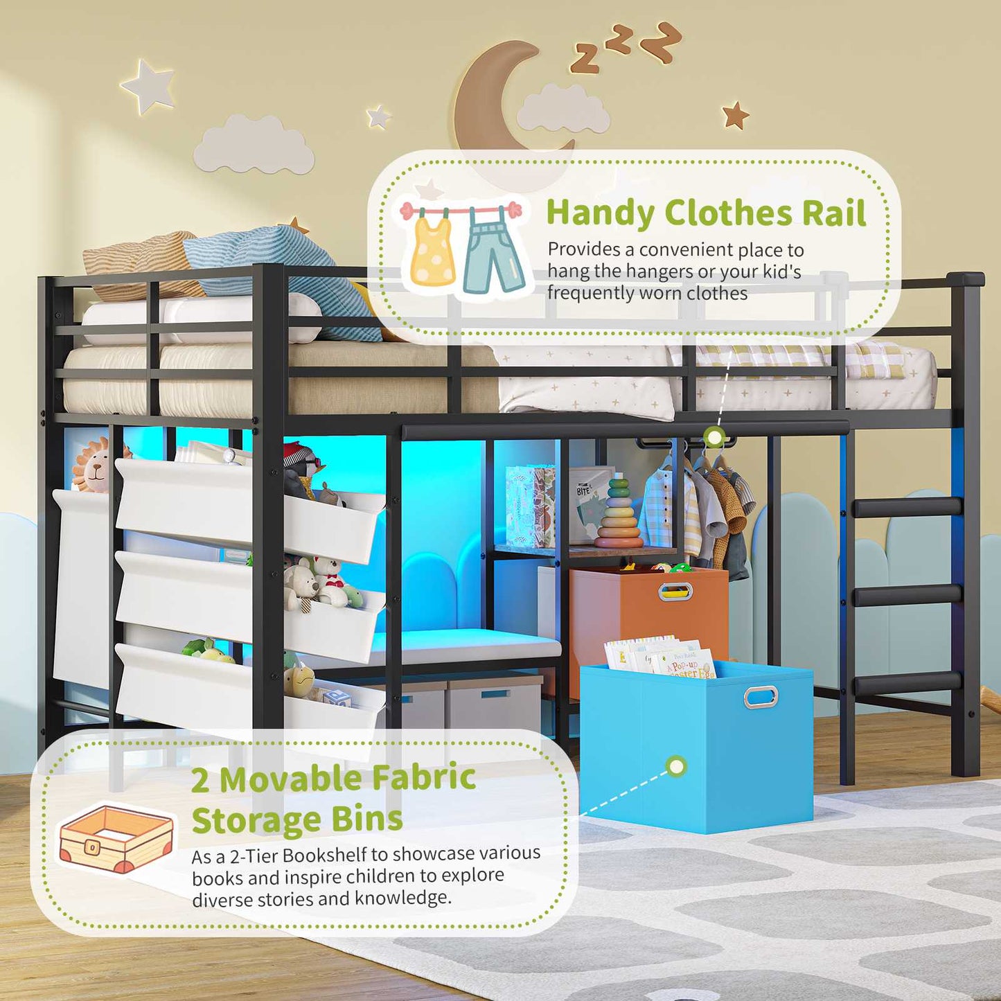 DICTAC | Twin Low Loft Bed for Kids with Storage, Reading Corner, LED Lights & Safety Guardrail, Metal Bed with Drawers & Bins (Black&White&Pink）)