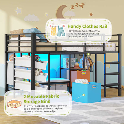 DICTAC | Twin Low Loft Bed for Kids with Storage, Reading Corner, LED Lights & Safety Guardrail, Metal Bed with Drawers & Bins (Black&White&Pink）)