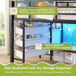 DICTAC | Twin Low Loft Bed for Kids with Storage, Reading Corner, LED Lights & Safety Guardrail, Metal Bed with Drawers & Bins (Black&White&Pink)