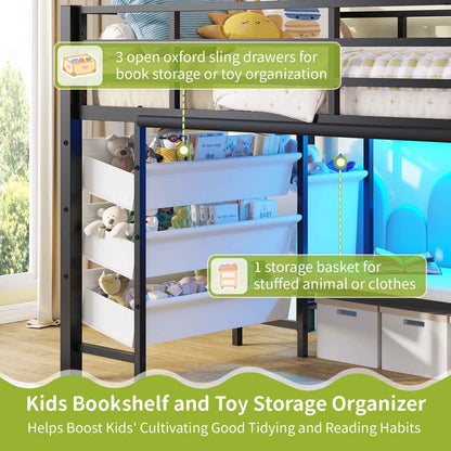 DICTAC | Twin Low Loft Bed for Kids with Storage, Reading Corner, LED Lights & Safety Guardrail, Metal Bed with Drawers & Bins (Black&White&Pink）)
