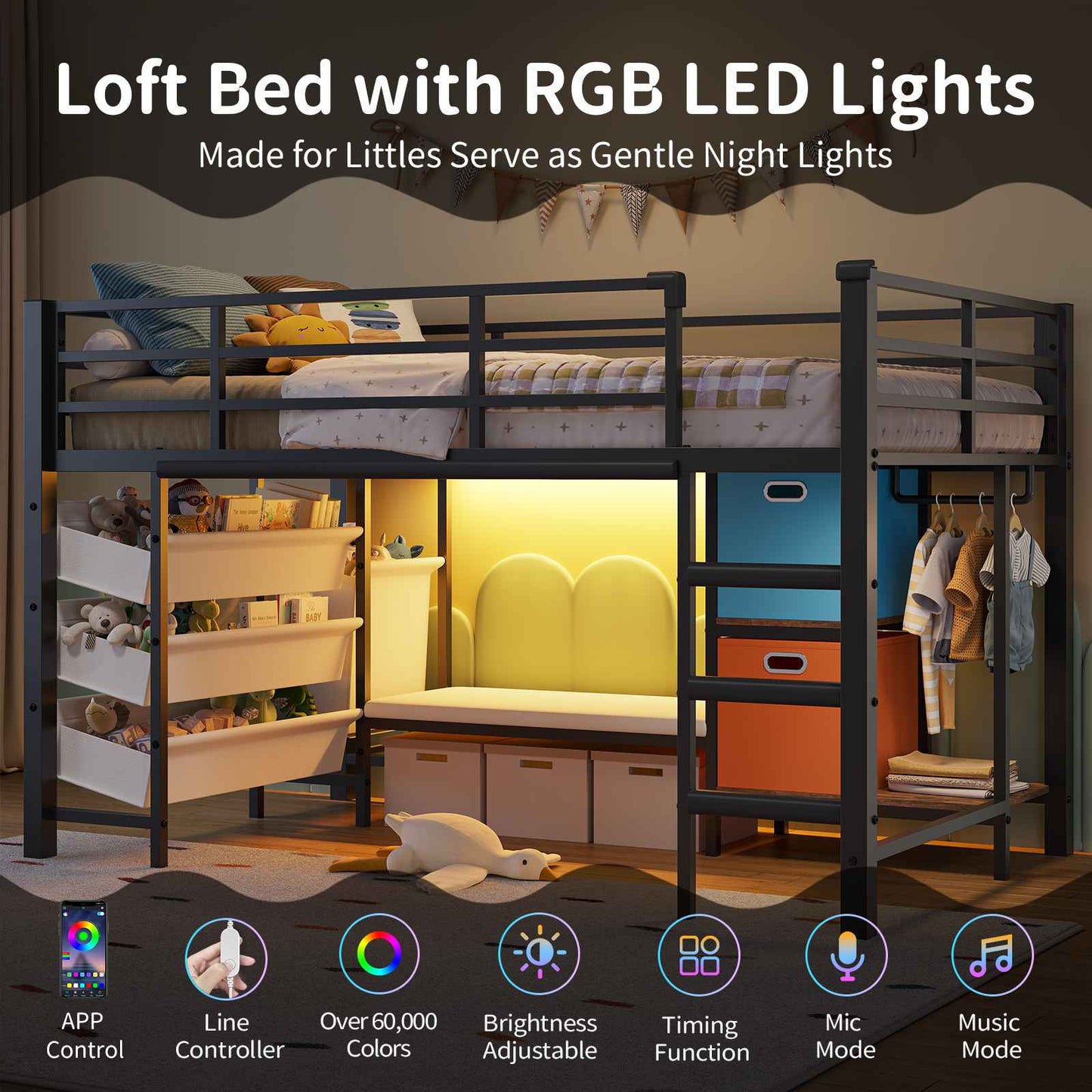 DICTAC | Twin Low Loft Bed for Kids with Storage, Reading Corner, LED Lights & Safety Guardrail, Metal Bed with Drawers & Bins (Black&White&Pink）)