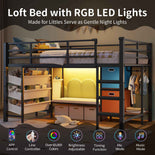 DICTAC | Twin Low Loft Bed for Kids with Storage, Reading Corner, LED Lights & Safety Guardrail, Metal Bed with Drawers & Bins (Black&White&Pink)