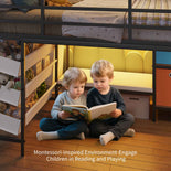 DICTAC | Twin Low Loft Bed for Kids with Storage, Reading Corner, LED Lights & Safety Guardrail, Metal Bed with Drawers & Bins (Black&White&Pink)