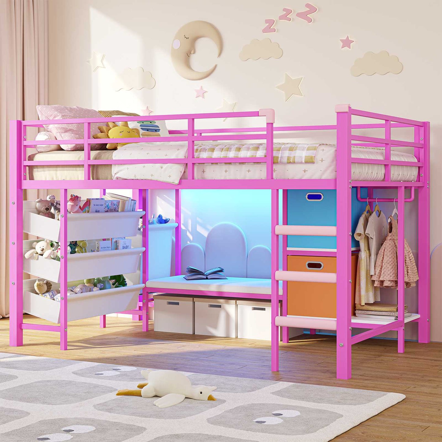 DICTAC | Twin Low Loft Bed for Kids with Storage, Reading Corner, LED Lights & Safety Guardrail, Metal Bed with Drawers & Bins (Black&White&Pink）)