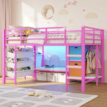 DICTAC | Twin Low Loft Bed for Kids with Storage, Reading Corner, LED Lights & Safety Guardrail, Metal Bed with Drawers & Bins (Black&White&Pink)