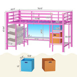 DICTAC | Twin Low Loft Bed for Kids with Storage, Reading Corner, LED Lights & Safety Guardrail, Metal Bed with Drawers & Bins (Black&White&Pink)