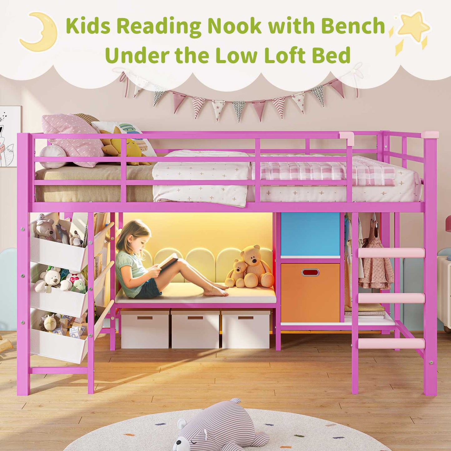 DICTAC | Twin Low Loft Bed for Kids with Storage, Reading Corner, LED Lights & Safety Guardrail, Metal Bed with Drawers & Bins (Black&White&Pink）)
