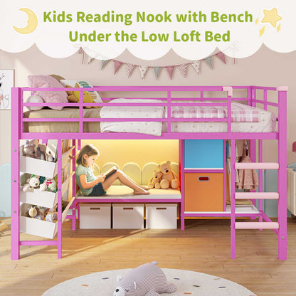 DICTAC | Twin Low Loft Bed for Kids with Storage, Reading Corner, LED Lights & Safety Guardrail, Metal Bed with Drawers & Bins (Black&White&Pink）)