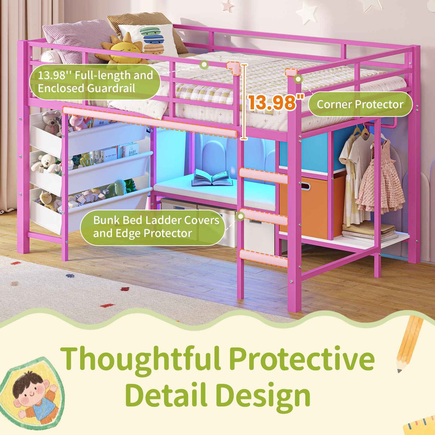 DICTAC | Twin Low Loft Bed for Kids with Storage, Reading Corner, LED Lights & Safety Guardrail, Metal Bed with Drawers & Bins (Black&White&Pink）)