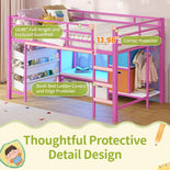 DICTAC | Twin Low Loft Bed for Kids with Storage, Reading Corner, LED Lights & Safety Guardrail, Metal Bed with Drawers & Bins (Black&White&Pink)