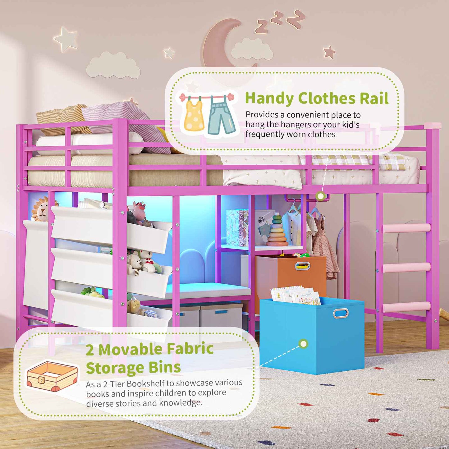 DICTAC | Twin Low Loft Bed for Kids with Storage, Reading Corner, LED Lights & Safety Guardrail, Metal Bed with Drawers & Bins (Black&White&Pink）)