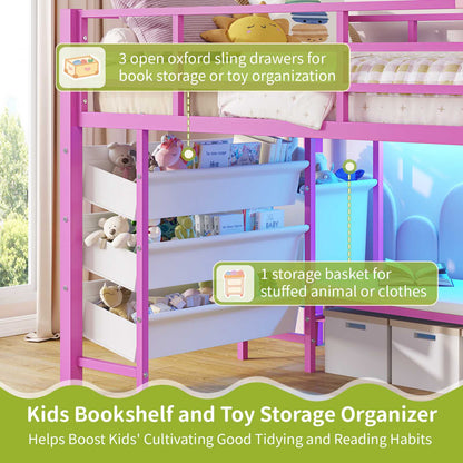DICTAC | Twin Low Loft Bed for Kids with Storage, Reading Corner, LED Lights & Safety Guardrail, Metal Bed with Drawers & Bins (Black&White&Pink）)