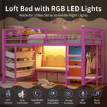 DICTAC | Twin Low Loft Bed for Kids with Storage, Reading Corner, LED Lights & Safety Guardrail, Metal Bed with Drawers & Bins (Black&White&Pink)
