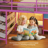 DICTAC | Twin Low Loft Bed for Kids with Storage, Reading Corner, LED Lights & Safety Guardrail, Metal Bed with Drawers & Bins (Black&White&Pink)
