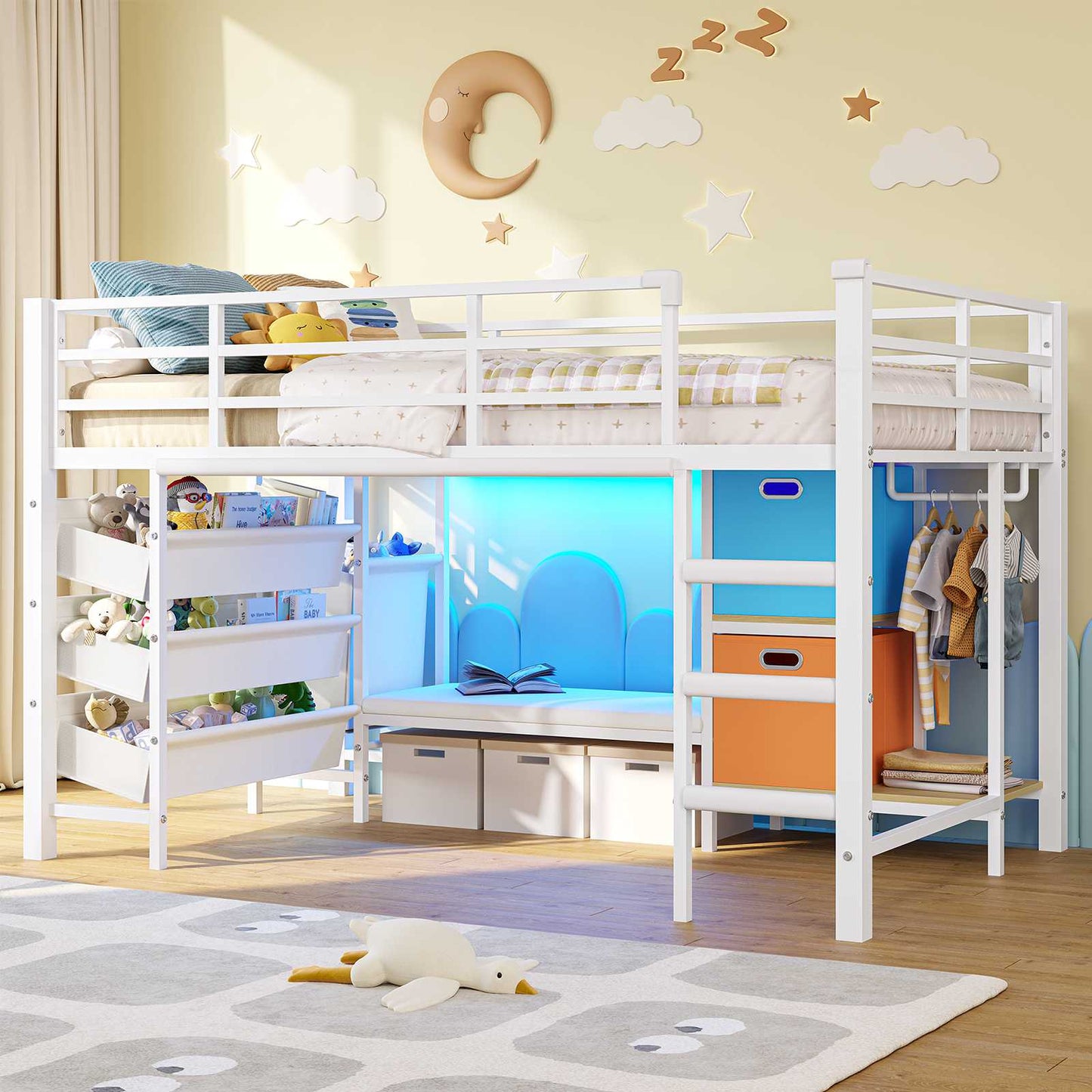 DICTAC | Twin Low Loft Bed for Kids with Storage, Reading Corner, LED Lights & Safety Guardrail, Metal Bed with Drawers & Bins (Black&White&Pink）)