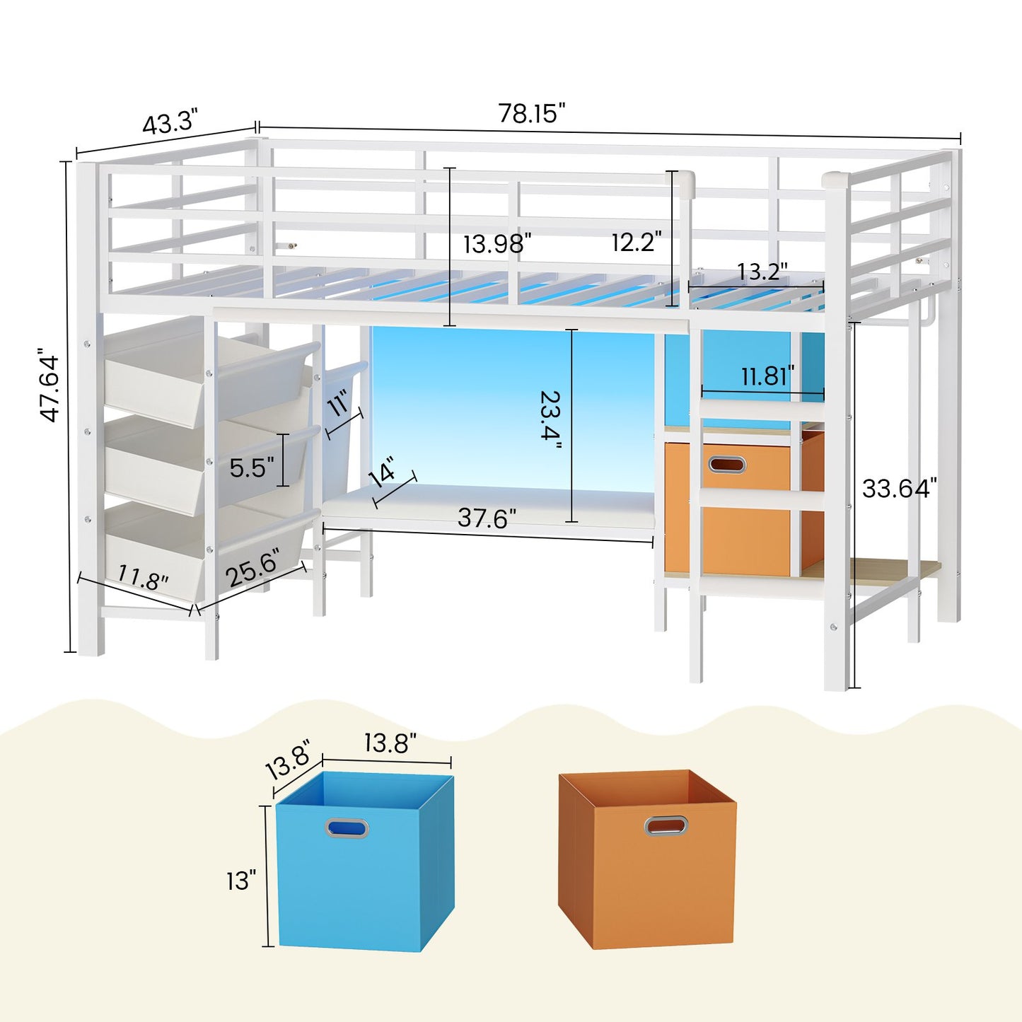 DICTAC | Twin Low Loft Bed for Kids with Storage, Reading Corner, LED Lights & Safety Guardrail, Metal Bed with Drawers & Bins (Black&White&Pink）)