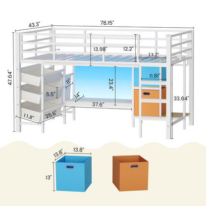 DICTAC | Twin Low Loft Bed for Kids with Storage, Reading Corner, LED Lights & Safety Guardrail, Metal Bed with Drawers & Bins (Black&White&Pink）)