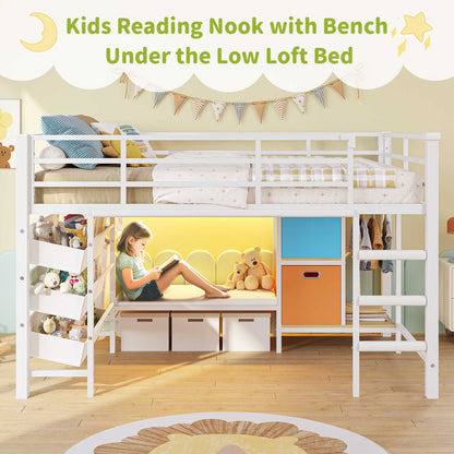 DICTAC | Twin Low Loft Bed for Kids with Storage, Reading Corner, LED Lights & Safety Guardrail, Metal Bed with Drawers & Bins (Black&White&Pink）)