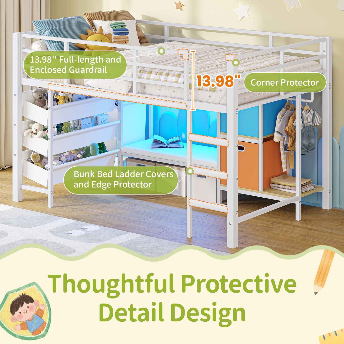 DICTAC | Twin Low Loft Bed for Kids with Storage, Reading Corner, LED Lights & Safety Guardrail, Metal Bed with Drawers & Bins (Black&White&Pink）)