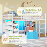 DICTAC | Twin Low Loft Bed for Kids with Storage, Reading Corner, LED Lights & Safety Guardrail, Metal Bed with Drawers & Bins (Black&White&Pink)