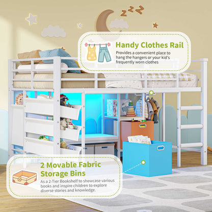 DICTAC | Twin Low Loft Bed for Kids with Storage, Reading Corner, LED Lights & Safety Guardrail, Metal Bed with Drawers & Bins (Black&White&Pink）)