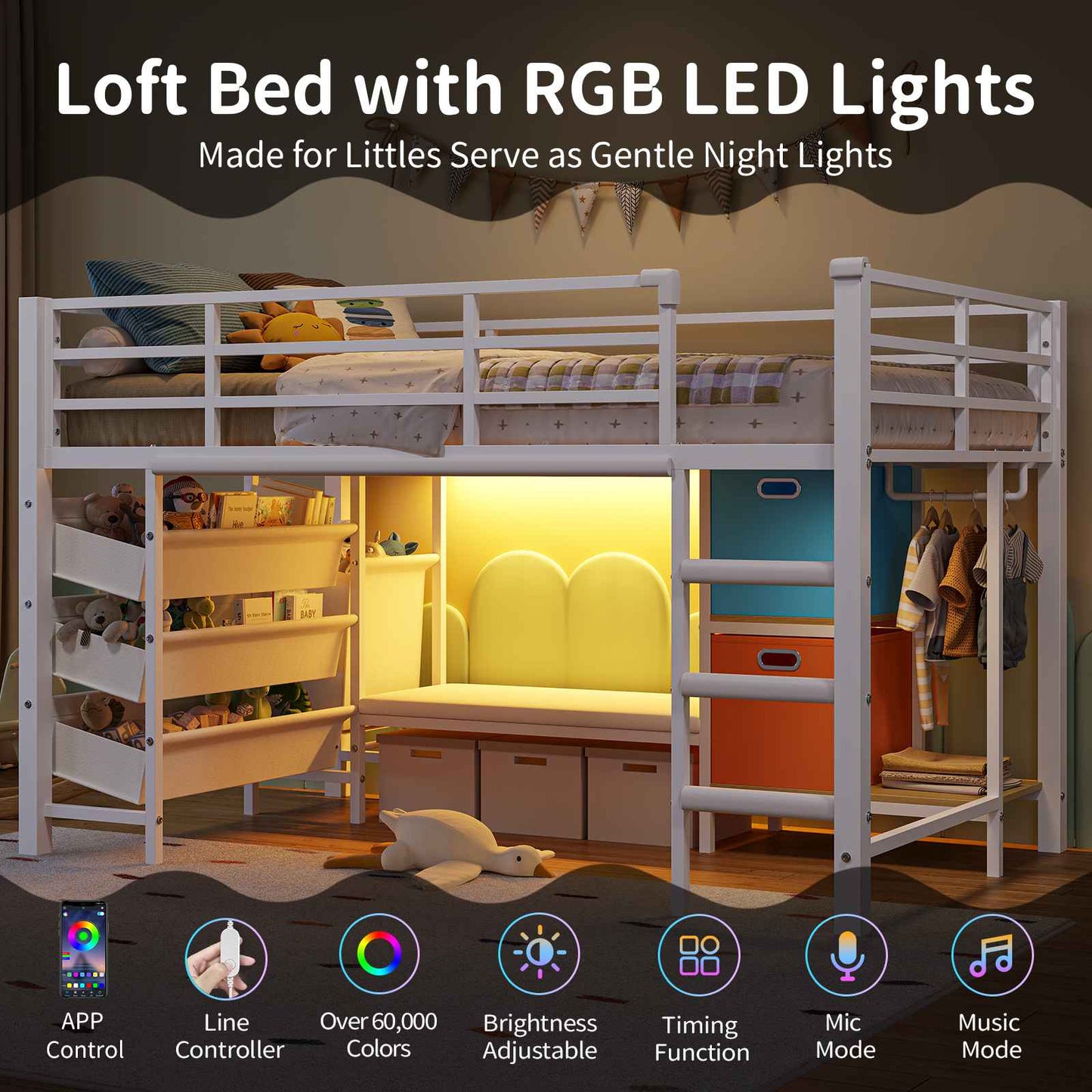 DICTAC | Twin Low Loft Bed for Kids with Storage, Reading Corner, LED Lights & Safety Guardrail, Metal Bed with Drawers & Bins (Black&White&Pink）)