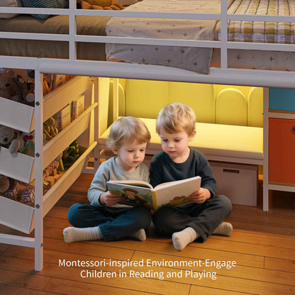 DICTAC | Twin Low Loft Bed for Kids with Storage, Reading Corner, LED Lights & Safety Guardrail, Metal Bed with Drawers & Bins (Black&White&Pink）)