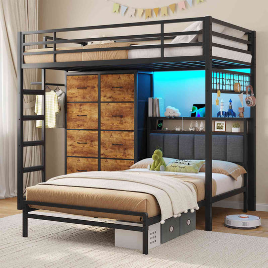 DICTAC L-Shaped Bunk Bed with 8 Storage Drawers, LED Lights, Charging Station & Storage Headboard