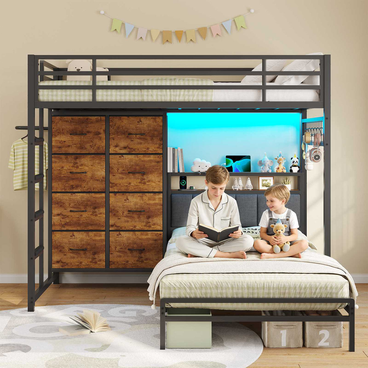 DICTAC L-Shaped Bunk Bed with 8 Storage Drawers, LED Lights, Charging Station & Storage Headboard