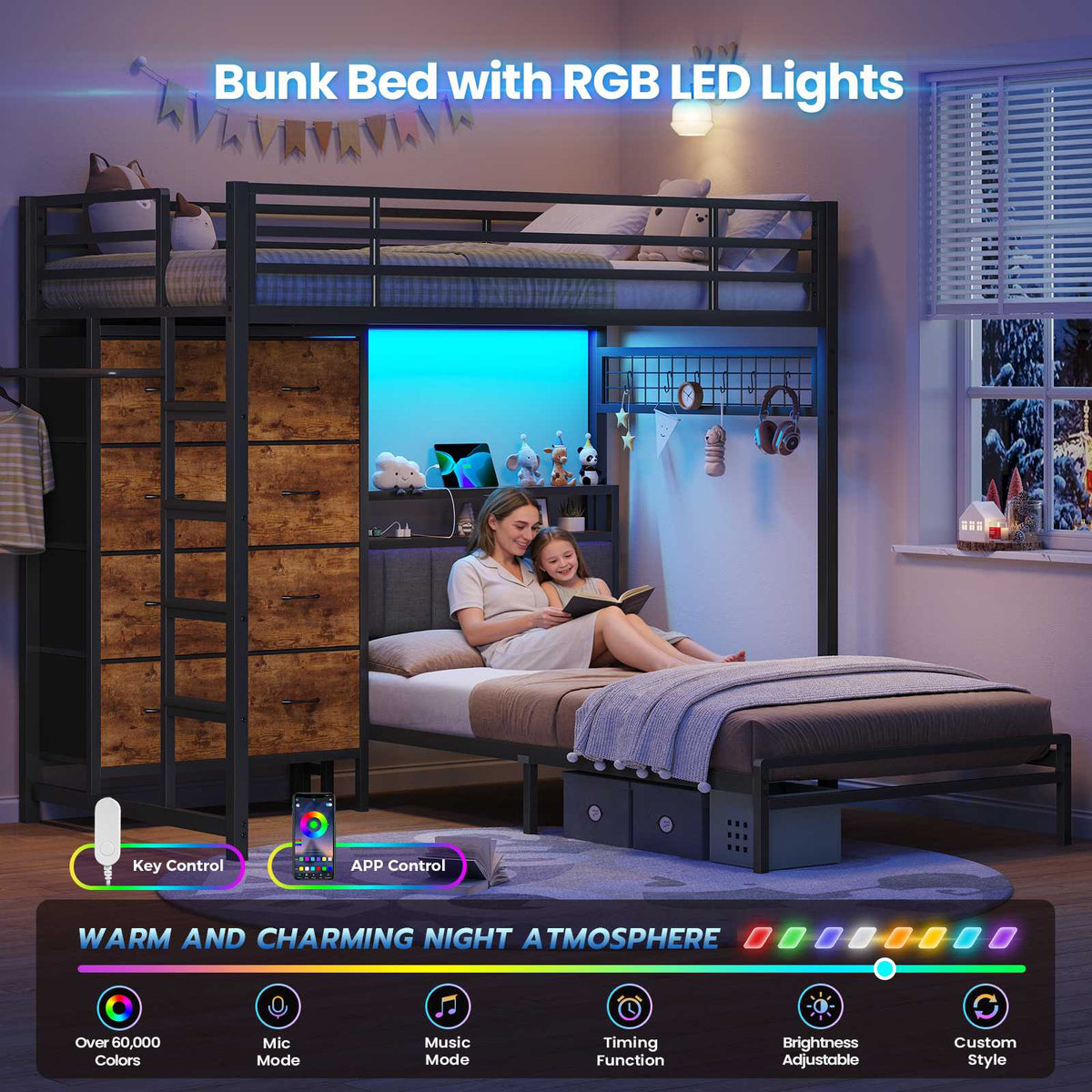 DICTAC L-Shaped Bunk Bed with 8 Storage Drawers, LED Lights, Charging Station & Storage Headboard
