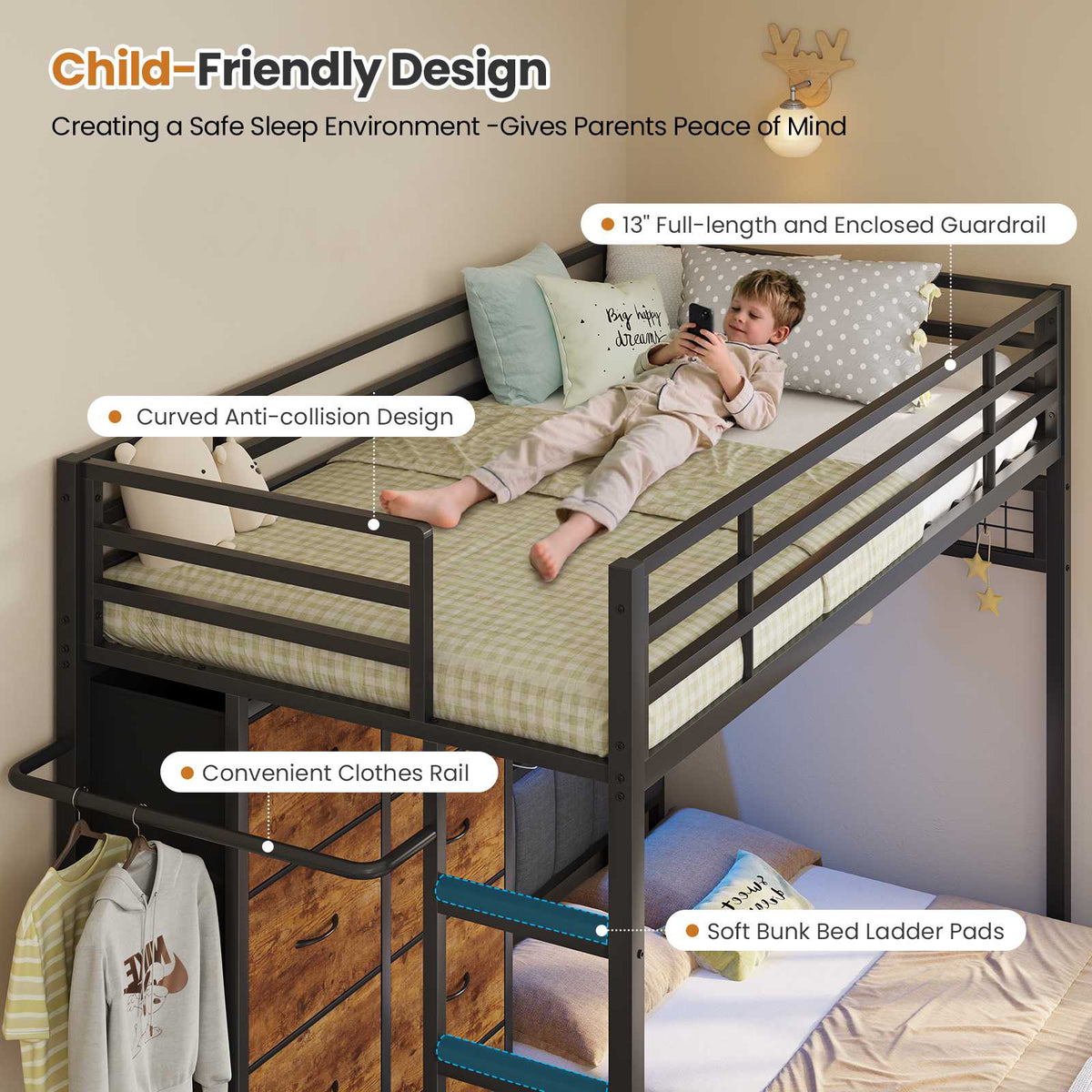 DICTAC L-Shaped Bunk Bed with 8 Storage Drawers, LED Lights, Charging Station & Storage Headboard