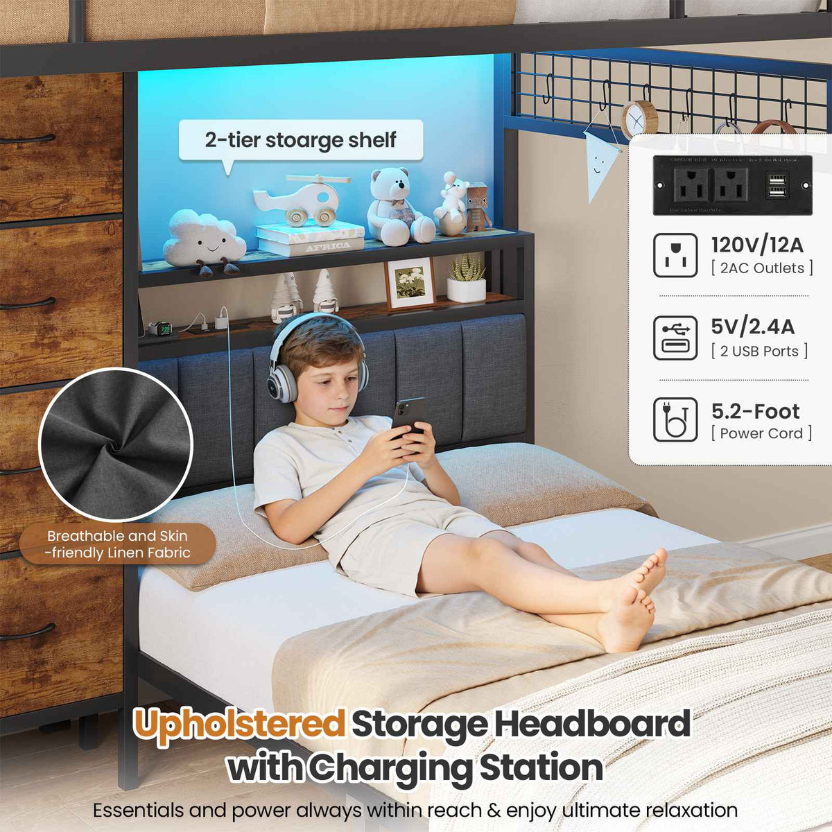 DICTAC L-Shaped Bunk Bed with 8 Storage Drawers, LED Lights, Charging Station & Storage Headboard
