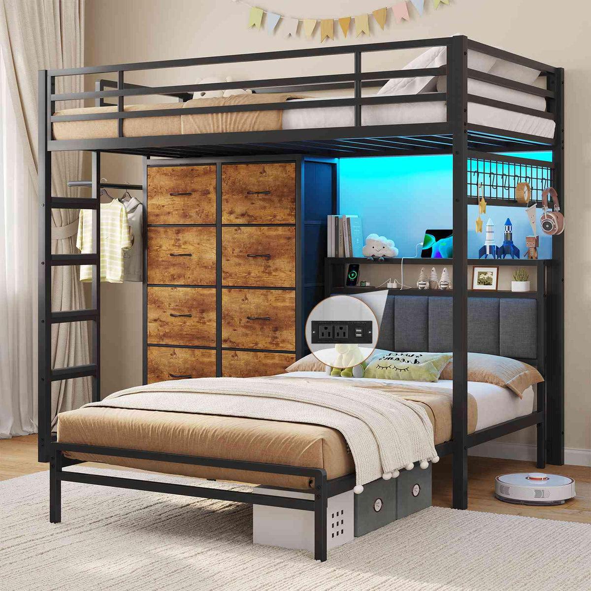 DICTAC L-Shaped Bunk Bed with 8 Storage Drawers, LED Lights, Charging Station & Storage Headboard