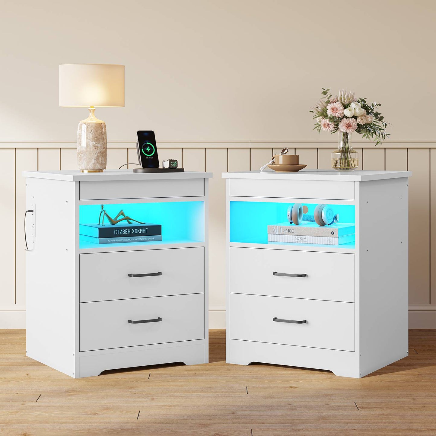 DICTAC | Modern Nightstand with Charging Station, RGB LED Lights, Lockable Sliding Drawer, Storage Drawers & Open Shelf, white
