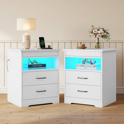 DICTAC | Modern Nightstand with Charging Station, RGB LED Lights, Lockable Sliding Drawer, Storage Drawers & Open Shelf, white