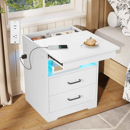 DICTAC | Modern Nightstand with Charging Station, RGB LED Lights, Lockable Sliding Drawer, Storage Drawers & Open Shelf, white