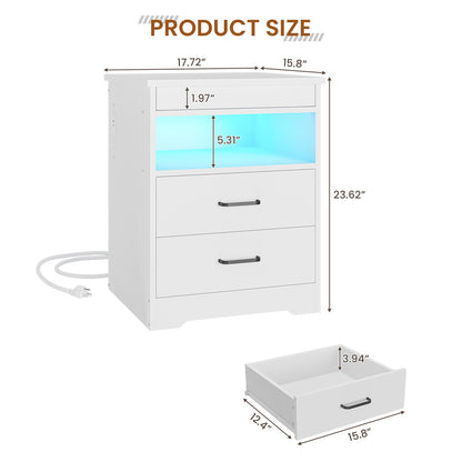DICTAC | Modern Nightstand with Charging Station, RGB LED Lights, Lockable Sliding Drawer, Storage Drawers & Open Shelf, white