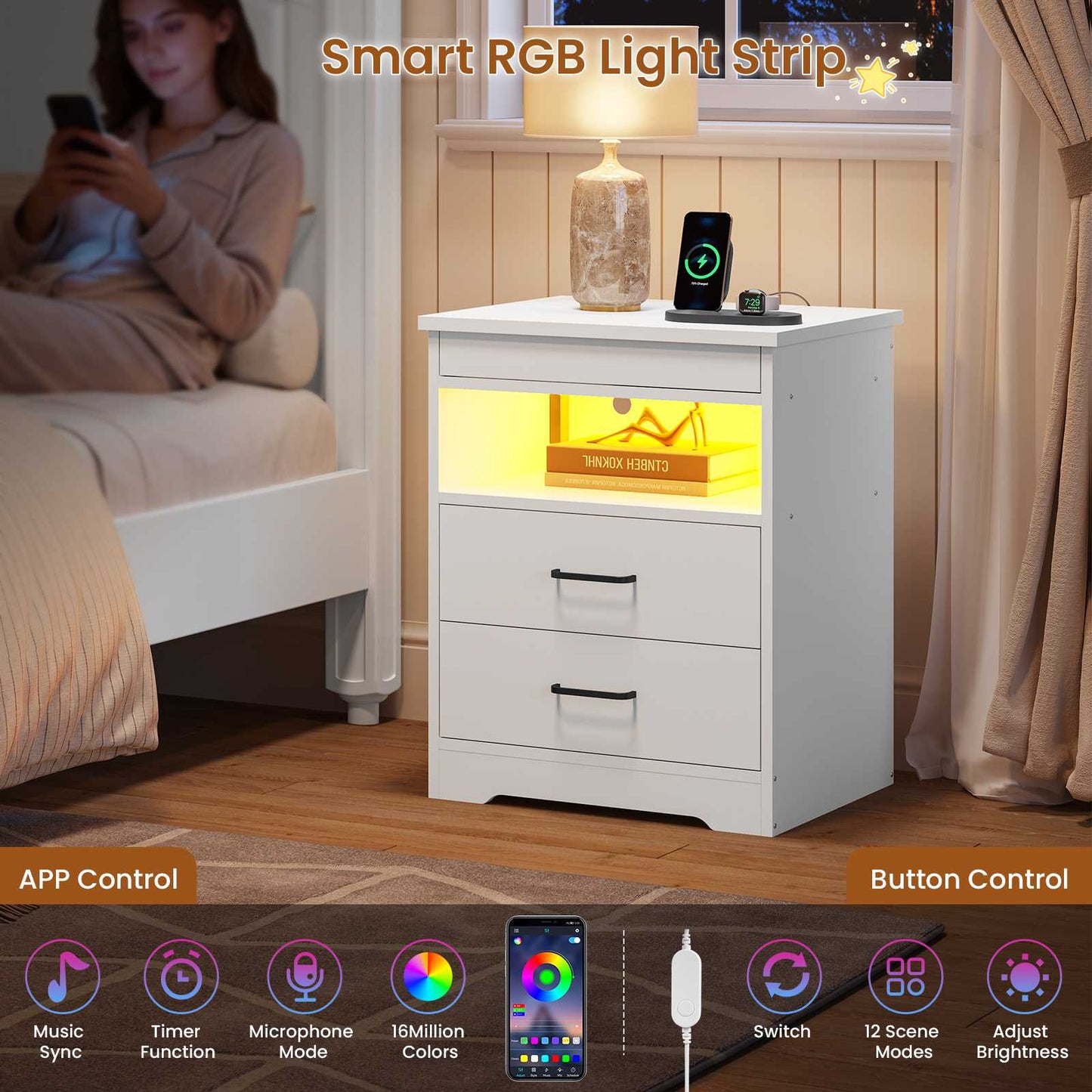 DICTAC | Modern Nightstand with Charging Station, RGB LED Lights, Lockable Sliding Drawer, Storage Drawers & Open Shelf, white