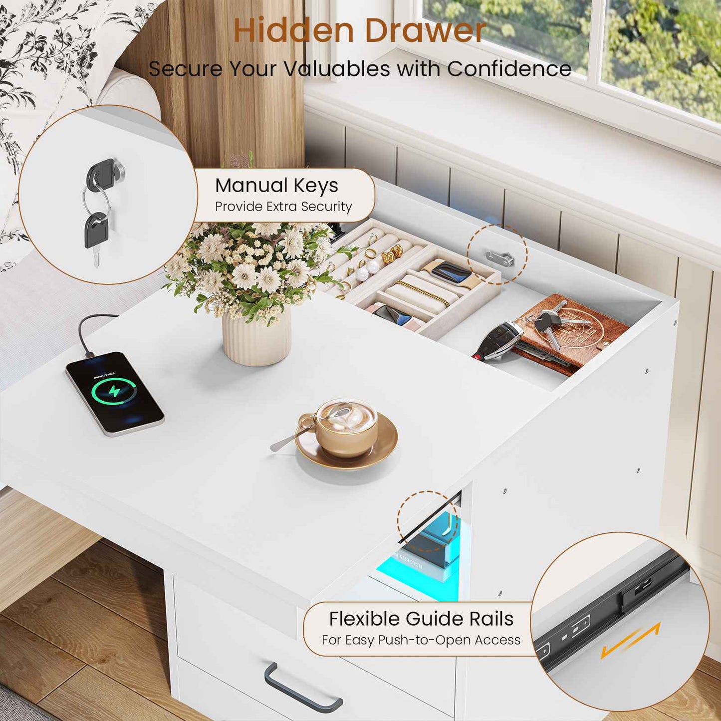 DICTAC | Modern Nightstand with Charging Station, RGB LED Lights, Lockable Sliding Drawer, Storage Drawers & Open Shelf, white