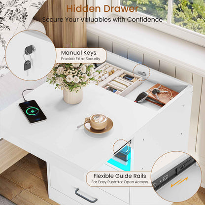 DICTAC | Modern Nightstand with Charging Station, RGB LED Lights, Lockable Sliding Drawer, Storage Drawers & Open Shelf, white