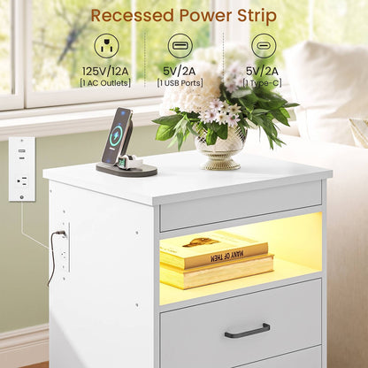 DICTAC | Modern Nightstand with Charging Station, RGB LED Lights, Lockable Sliding Drawer, Storage Drawers & Open Shelf, white