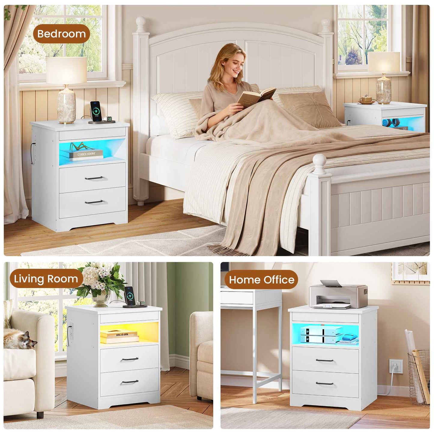 DICTAC | Modern Nightstand with Charging Station, RGB LED Lights, Lockable Sliding Drawer, Storage Drawers & Open Shelf, white