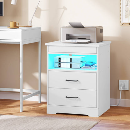 DICTAC | Modern Nightstand with Charging Station, RGB LED Lights, Lockable Sliding Drawer, Storage Drawers & Open Shelf, white