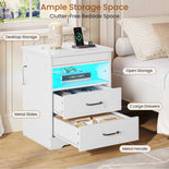 DICTAC | DICTAC | Nightstand with Charging Station & 2 Drawers, RGB LED Lights, Open Shelf & Lockable Drawer - White