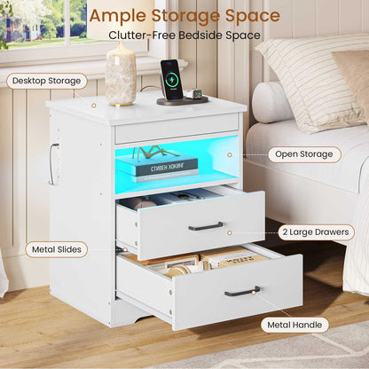 DICTAC | Modern Nightstand with Charging Station, RGB LED Lights, Lockable Sliding Drawer, Storage Drawers & Open Shelf, white